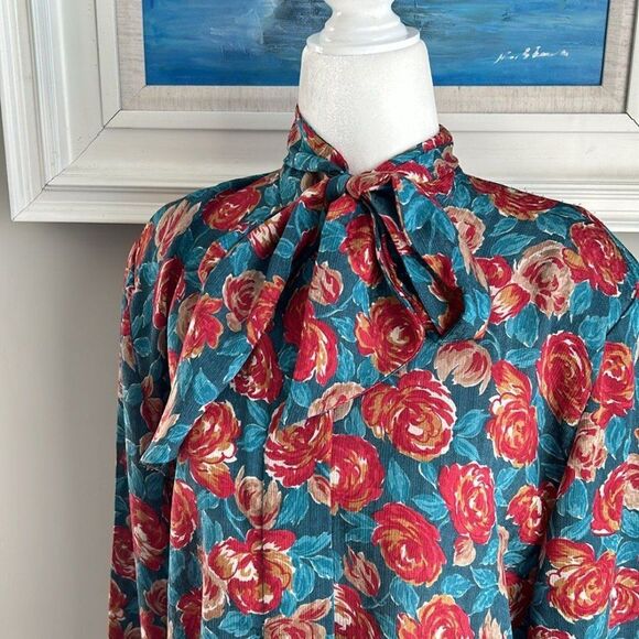 Vintage Pendleton Country Sophisticates Satin Blue Floral Longsleeve Blouse 12 - Picture 4 of 12